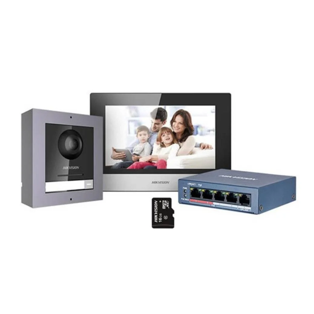 Kit de videoportero IP con monitor y switch PoE Hikvision — HK-DS-KIS602